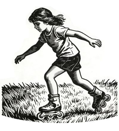 在草地上练习轮滑的孩子